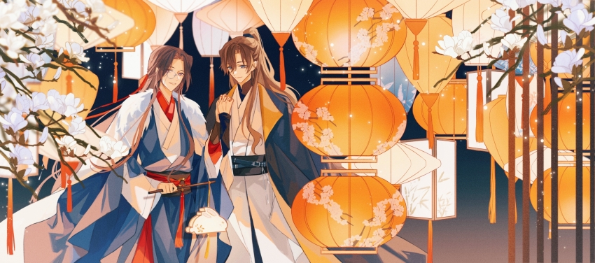 2boys absurdres animal_lantern belt black_background black_belt black_cape black_sash black_shirt blue_eyes blue_robe branch brown_sash cape chang_geng chinese_clothes closed_mouth cowboy_shot curtained_hair flower fur-trimmed_cape fur_trim gradient_background gu_yun hair_between_eyes hair_ribbon hand_up hanfu highres holding holding_hands holding_lantern lantern layered_sleeves light_particles long_hair long_sleeves looking_at_hand looking_at_viewer looking_down magnolia male_focus mohexi459 mole mole_under_eye monocle multiple_boys paper_lantern parted_bangs parted_lips ponytail purple_eyes red_ribbon ribbon robe sash sha_po_lang shirt sidelocks smile standing white_cape white_flower white_robe wide_sleeves yaoi