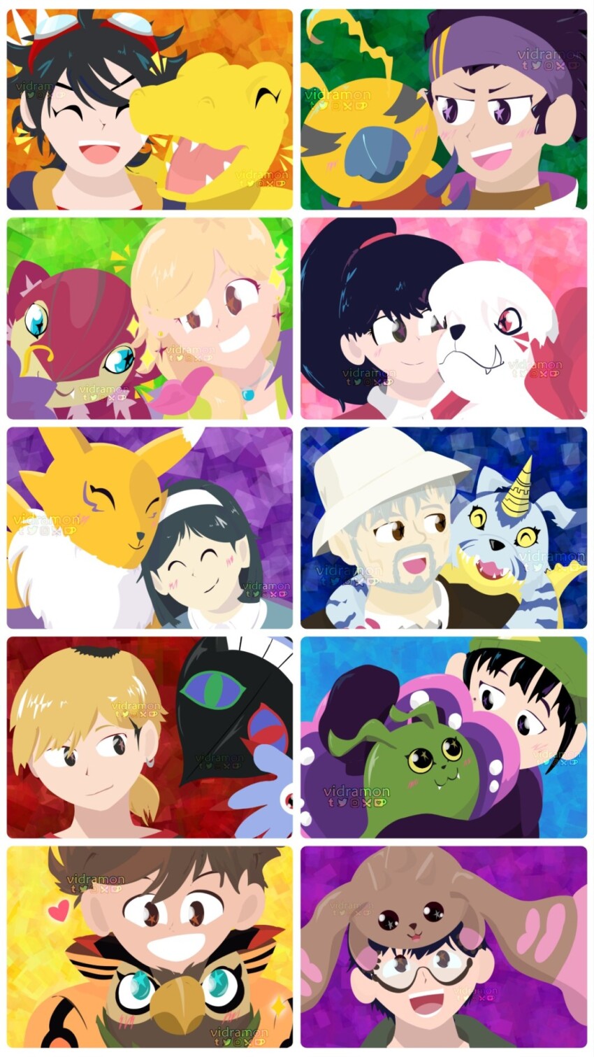 agumon bandana beak digimon digimon_survive dracumon falcomon floramon gabumon glasses haru_(digimon_survive) heart highres hinata_minoru kayama_shuuji kimishima_saki kunemon labramon looking_at_viewer lopmon minase_miyuki momotsuka_takuma professor_(digimon_survive) renamon shakomon shibuya_aoi shinonome_kaito shinonome_miu short_hair smile tominaga_ryo