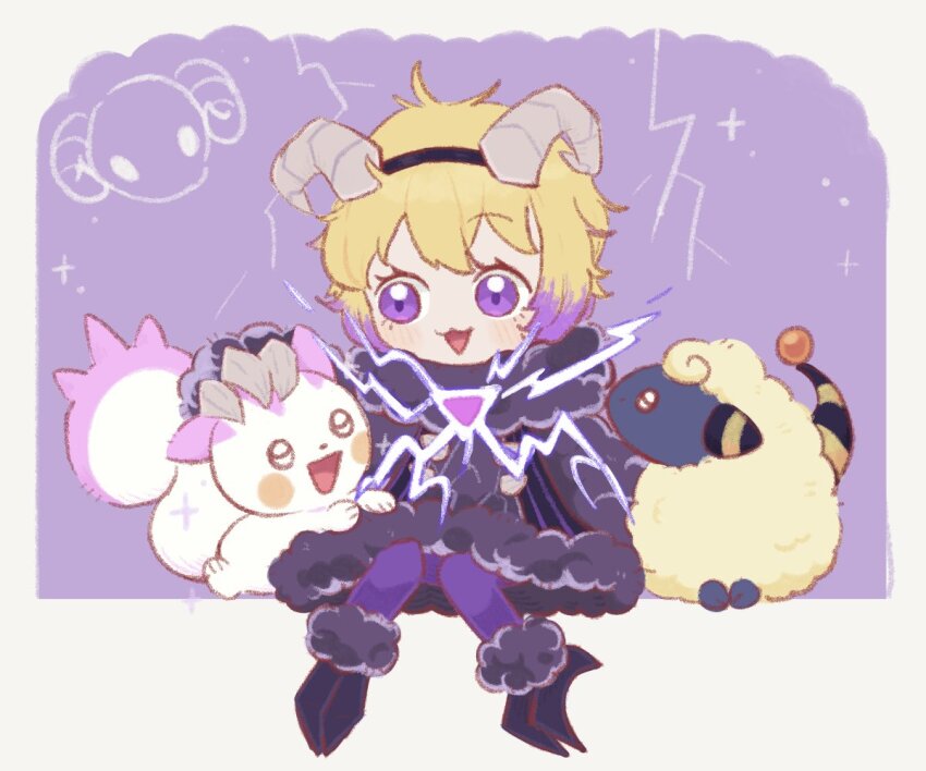 1girl :3 blonde_hair coat crossover don_quixote_(project_moon) e.g.o_(project_moon) electric_screaming_(e.g.o) electricity fur-trimmed_coat fur_trim gen_2_pokemon gen_4_pokemon horns kirayumedream limbus_company mareep multicolored_hair nintendo open_mouth pachirisu petting pokemon pokemon_(creature) project_moon purple_coat purple_eyes purple_hair sheep_horns short_hair smile solo streaked_hair