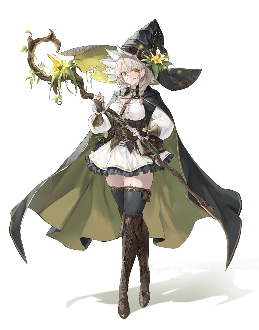 1girl absurdres black_cloak black_hat black_thighhighs book boots braid breasts brown_boots brown_corset brown_gloves choker cloak closed_mouth commentary corset crossed_legs dress english_commentary fingerless_gloves flower fold-over_boots frilled_dress frills full_body gem geulemaen glasses gloves green_choker green_eyes green_gemstone grey_hair hair_between_eyes hat hat_flower highres holding holding_staff large_breasts long_hair long_sleeves looking_at_viewer low_twin_braids mage_staff o-ring o-ring_choker original pouch puffy_long_sleeves puffy_sleeves round_eyewear scroll shadow short_dress simple_background solo staff standing test_tube thigh_pouch thighhighs thighhighs_under_boots twin_braids white_background white_dress witch_hat wizard yellow_flower zettai_ryouiki