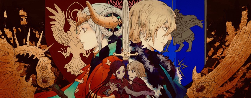 1131852442 1boy 1girl aged_down aged_up angry areadbhar_(fire_emblem) axe aymr_(fire_emblem) behind_another blonde_hair blue_eyes brown_hair cape capelet chinese_commentary closed_mouth collared_cape dagger dancing dimitri_alexandre_blaiddyd dimitri_alexandre_blaiddyd_(timeskip) dimitri_alexandre_blaiddyd_(young) double_bun dress edelgard_von_hresvelg edelgard_von_hresvelg_(timeskip) edelgard_von_hresvelg_(young) fake_horns fire_emblem fire_emblem:_three_houses from_side fur-trimmed_cape fur_trim hair_between_eyes hair_bun hair_ribbon hair_up hands_up headpiece highres holding holding_hands horns knife long_hair long_sleeves looking_down messy_hair multicolored_background nintendo open_mouth parted_bangs purple_eyes purple_ribbon red_cape red_dress ribbon short_hair straight_hair twintails weapon white_hair wide-eyed