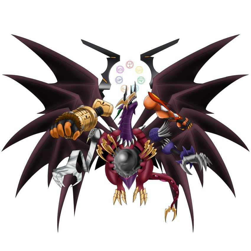 apollomon apollomon_whispered armor barbamon beelzebumon belphemon belphemon_rage_mode big_death-stars death_generals digimon dorbickmon dragon fusion grandgeneramon gravimon highres horns leviamon lilithmon lucemon_satan_mode neovamdemon olegmon seven_great_demon_lords sharp_teeth spikes splashmon tail teeth wings zamielmon