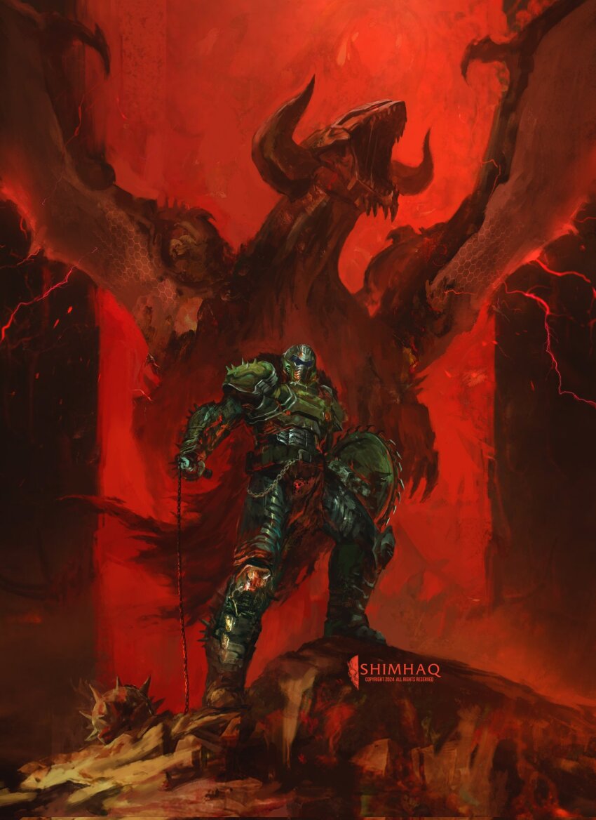 1boy armlet armor armored_boots blood blood_on_ground boots cape chain cloak doom:_the_dark_ages doom_(series) doomguy dragon green_armor helmet highres holding holding_shield holding_weapon jewelry mace red_background shield shimhaq shoulder_armor shoulder_spikes signature spiked_armlet spiked_boots spiked_shield spikes torn_cape torn_clothes weapon