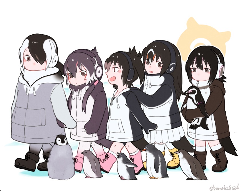 10s 5girls :d bird bird_tail black_hair boots brown_eyes commentary_request drawstring emperor_penguin_(kemono_friends) gentoo_penguin_(kemono_friends) grape-kun hair_over_one_eye hand_on_another&#039;s_shoulder headphones hood hood_down hoodie humboldt_penguin_(kemono_friends) kemono_friends long_hair low_twintails multicolored_hair multiple_girls open_mouth orange_hair penguin pink_hair rockhopper_penguin_(kemono_friends) royal_penguin_(kemono_friends) seto_(harunadragon) short_hair simple_background smile twintails twitter_username walking white_hair aged_down