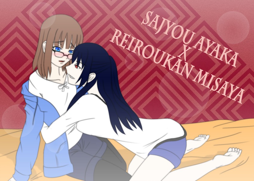2girls barefoot blue_eyes blue_hair blush breasts brown_hair character_name fate/prototype fate_(series) glasses highres jacket long_hair multiple_girls open_mouth pantyhose red_eyes reiroukan_misaya ribbon sajou_ayaka_(fate/prototype) short_hair short_shorts shorts yuri