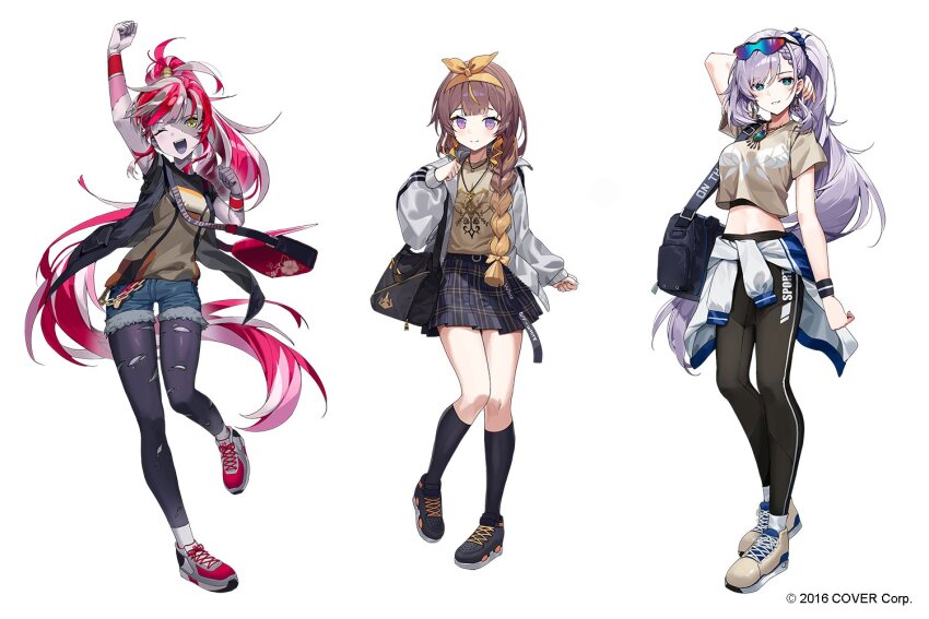 3girls :d ;d alternate_hairstyle anya_melfissa aqua_eyes arm_behind_head arm_up bag black_jacket black_pants black_pantyhose black_socks blonde_hair blue_shorts bow_hairband braid braided_bangs braided_ponytail bright_pupils brown_hair brown_shirt brown_shoes cahangonn center-flap_bangs closed_mouth clothes_around_waist colored_skin colored_tongue commentary copyright_notice cropped_shirt denim denim_shorts double-parted_bangs drill_hair drill_sidelocks english_commentary eyewear_on_head full_body gradient_hair grey_hair grey_skin grin hair_over_shoulder hairband high_ponytail hololive hololive_indonesia holoro jacket jacket_around_waist jewelry kneehighs kureiji_ollie long_hair looking_at_viewer midriff miniskirt multicolored_hair multiple_girls navel necklace official_alternate_costume official_art one_eye_closed open_mouth pants pantyhose parted_bangs pavolia_reine plaid_clothes plaid_skirt pleated_skirt ponytail purple_eyes purple_tongue red_hair red_shoes scrunchie shirt shirt_tucked_in shoes short_shorts shorts shoulder_bag sidelocks simple_background skirt sleeveless sleeveless_jacket smile sneakers socks stitched_arm stitched_face stitches streaked_hair swept_bangs symbol-shaped_pupils t-shirt torn_clothes torn_pantyhose very_long_hair virtual_youtuber wavy_hair white_background white_jacket white_pupils wrist_scrunchie wristband x-shaped_pupils yellow_eyes zombie