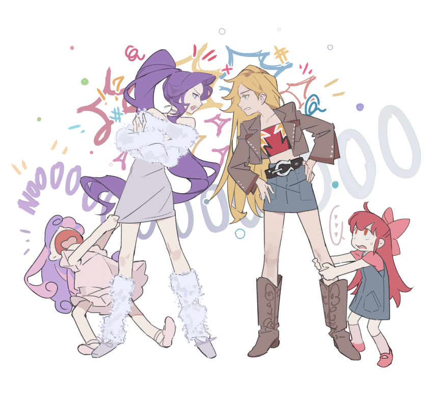 !? 4girls absurdres apple_bloom applejack bare_shoulders blonde_hair boots bow brown_jacket cowboy_boots crop_top crossed_arms denim denim_dress denim_skirt dress fighting fighting_stance frown hair_bow hands_on_own_hips high_ponytail highres horseshoe humanization jacket leg_warmers long_hair long_sleeves multiple_girls my_little_pony open_clothes open_jacket pink_bow pink_dress pink_hair ponytail pulling_another&#039;s_clothes purple_hair rarity_(my_little_pony) red_hair saaak57587044 shouting siblings simple_background sisters skirt sweetie_belle white_background worried