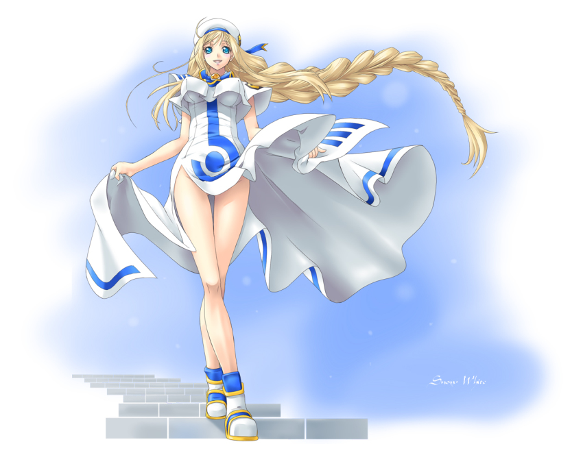 00s 1girl alicia_florence aria_(manga) beret blonde_hair blouse blue_eyes braid braided_ponytail breasts crossed_legs dress female_focus hat impossible_clothes large_breasts legs long_hair no_panties shirt single_braid solo stairs standing watson_cross white_shirt yaso_shigeru