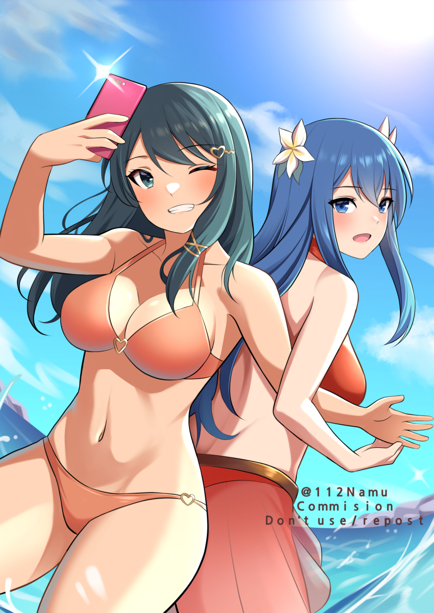 2girls :d back back-to-back bare_shoulders bikini bikini_skirt blue_eyes blue_hair blue_sky blush breasts caeda_(fire_emblem) caeda_(summer)_(fire_emblem) camera_flash cellphone cleavage cloud collarbone commentary commission cowboy_shot day english_commentary fire_emblem fire_emblem:_mystery_of_the_emblem fire_emblem_heroes flower grin groin hair_between_eyes hair_flower hair_ornament hairclip heart heart_hair_ornament highres holding holding_phone in-franchise_crossover indoors large_breasts long_hair looking_at_viewer multiple_girls namu_(112namu) navel nintendo ocean official_alternate_costume one_eye_closed open_mouth oribe_tsubasa phone pixiv_commission red_bikini see-through_clothes see-through_skirt selfie sidelocks skirt sky smartphone smile standing stomach sunlight swept_bangs swimsuit teeth tokyo_mirage_sessions_fe wading