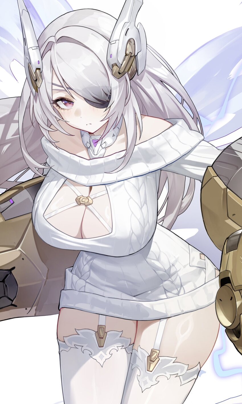 1girl bare_shoulders blush breasts cleavage cleavage_cutout closed_mouth clothing_cutout commentary criss-cross_straps dress eyepatch garter_straps hair_over_one_eye headgear highres large_breasts long_hair looking_at_viewer m0hag1 off-shoulder_sweater off_shoulder original power_fist purple_eyes sidelocks simple_background solo standing sweater sweater_dress symbol-only_commentary thighhighs thighs white_background white_hair white_sweater white_thighhighs