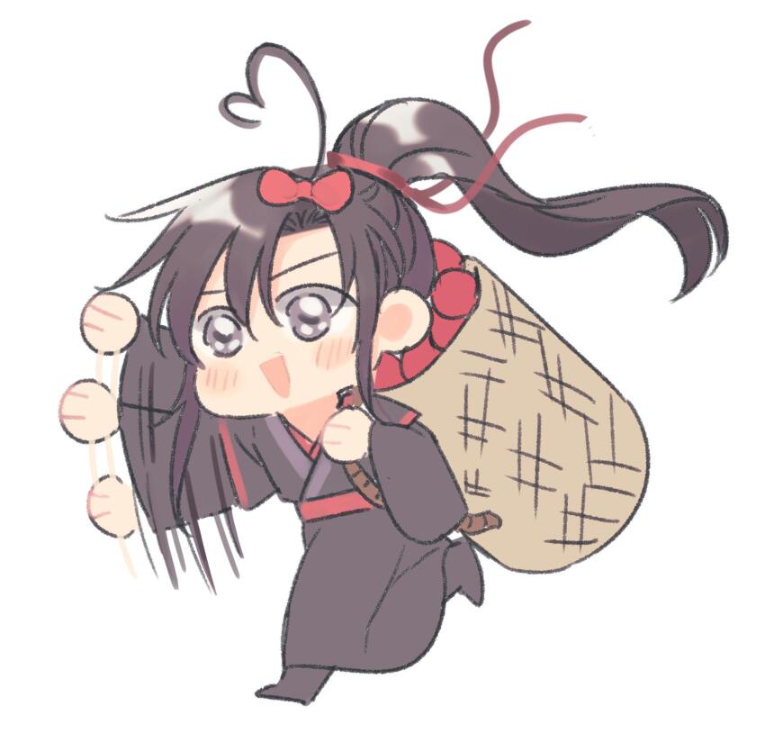 1boy ahoge backpack backpack_basket bag basket black_boots black_hair black_hanfu blush boots bow chibi chibi_only chinese_clothes chinese_commentary floating_hair food fruit full_body grey_eyes hair_bow hair_ribbon hanfu heart heart_ahoge highres long_hair long_sleeves male_focus minataka94 modao_zushi open_mouth outstretched_arm ponytail red_ribbon red_sash ribbon robe running sash sidelocks simple_background smile solo trap waving_arm wei_wuxian white_background wide_sleeves