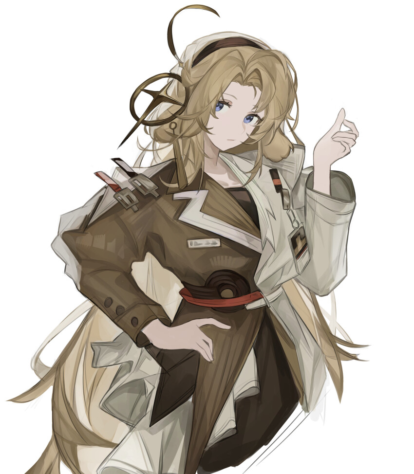 1girl :| absurdres arknights blue_eyes brown_hair brown_hairband brown_jacket closed_mouth cropped_torso curtained_hair dress expressionless hair_intakes hairband hand_on_own_hip hand_up highres id_card jacket kristen_(arknights) linkai long_hair long_sleeves looking_at_viewer messy sidelocks simple_background solo very_long_hair white_background