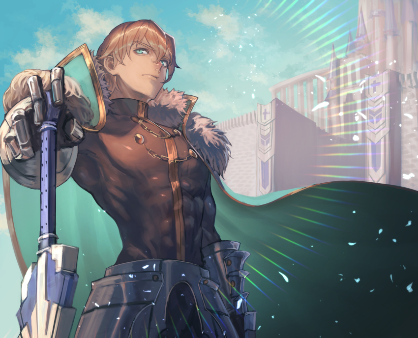 1boy absurdres black_bodysuit blonde_hair blue_eyes bodysuit coat coat_on_shoulders covered_abs excalibur_galatine_(fate) fate/grand_order fate_(series) feet_out_of_frame from_below fur_trim gauntlets gawain_(fate) highres light_particles makitoshi0316 male_focus pectorals planted planted_sword planted_weapon solo sword toned toned_male weapon