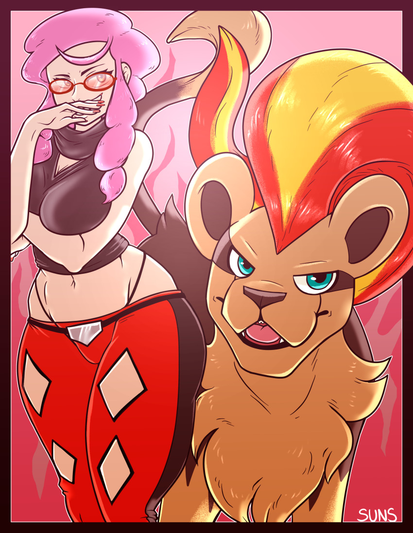 absurdres cleavage_cutout clothing_cutout gen_6_pokemon highleg highleg_panties highres looking_at_viewer lowleg lowleg_pants malva_(pokemon) nintendo panties pants panty_straps pink_hair pokemon pokemon_(creature) pokemon_xy pyroar pyroar_(female) red-framed_eyewear red_background suns_(artist) underwear