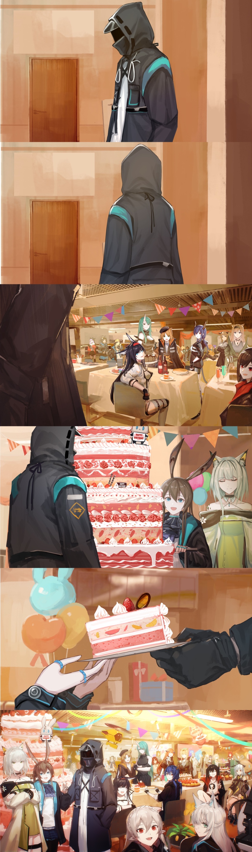 1other 3boys 6+girls :d ^_^ absurdres amiya_(arknights) animal_ear_fluff animal_ears arknights armor ascot bagpipe_(arknights) beagle_(arknights) beret black_choker black_gloves black_hair black_headwear black_jacket blaze_(arknights) blue_ascot blue_eyes blue_hair blue_skirt box braid brown_eyes brown_hair cake cake_slice cat_ears cat_girl ch&#039;en_(arknights) cherry choker closed_eyes closure_(arknights) clothes_writing comic criss-cross_halter crossed_arms crown_braid dark-skinned_male dark_skin demon_girl demon_horns doctor_(arknights) dog_ears dog_girl door dragon_girl dragon_horns dragon_tail dress drill_hair drone dur-nar_(arknights) durin_(arknights) earpiece elysium_(arknights) everyone fang fingerless_gloves food frostleaf_(arknights) fruit gift gift_box gloves green_dress green_hair grey_hair grey_sweater grey_tank_top grey_thighhighs grin hair_over_one_eye hairband halterneck hands_in_pockets happy happy_birthday hat headgear highres holding holding_plate horn_(arknights) horns hoshiguma_(arknights) incredibly_absurdres indoors jacket jewelry kal&#039;tsit_(arknights) kroos_(arknights) lava_(arknights) looking_at_viewer looking_back low_twintails mask material_growth meteorite_(arknights) morte_(arknights) multiple_boys multiple_girls multiple_rings myrtle_(arknights) neck_ring necklace noir_corne_(arknights) off-shoulder_dress off_shoulder open_clothes open_jacket open_mouth orange_(fruit) orange_hair oripathy_lesion_(arknights) oversized_food oversized_object party perfumer_(arknights) plate podenco_(arknights) pointy_ears rabbit_ears rabbit_girl red_eyes red_hair red_hairband rhodes_island_medic_(arknights) ring rosmontis_(arknights) shirt silent_comic single_horn sitting skin-covered_horns skirt smile strawberry streamers string_of_flags stuffed_animal stuffed_rabbit stuffed_toy surtr_(arknights) sussurro_(arknights) sweater swire_(arknights) table tablecloth tail tank_top thighhighs thorns_(arknights) tiger_ears tiger_girl twintails vanilla_(arknights) warfarin_(arknights) weedy_(arknights) white_jacket white_shirt wolf_ears wolf_girl yato_(arknights) zuo_daoxing