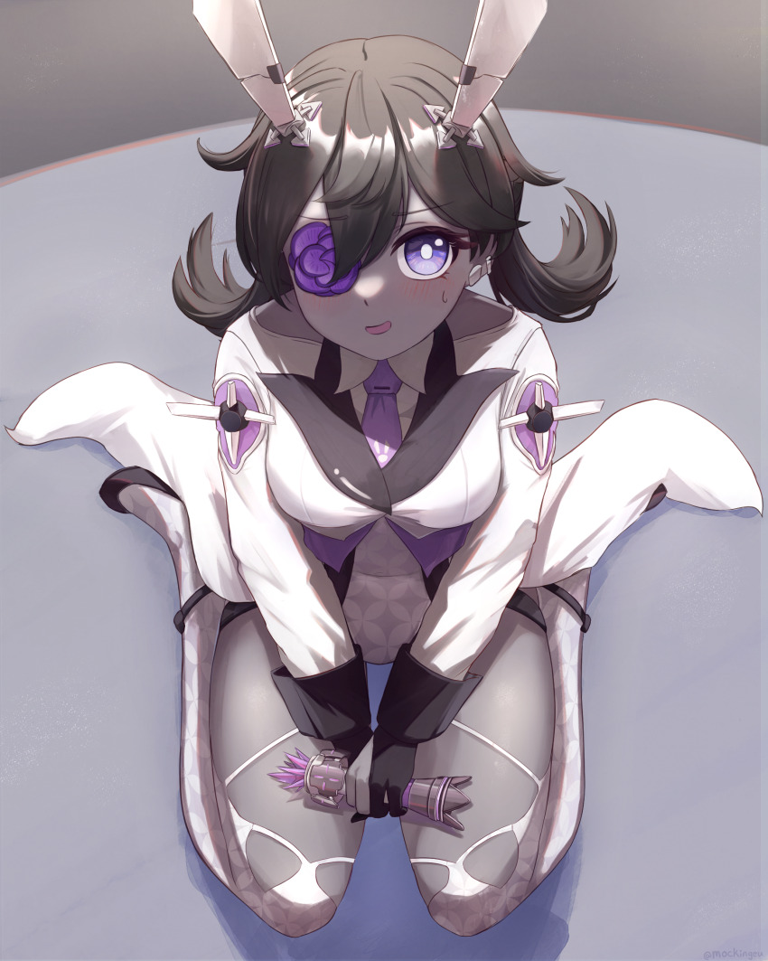 1girl absurdres animal_ears black_gloves black_hair collared_shirt from_above gloves highres hilt holding holding_weapon leotard mechanical_ears mockingeu necktie one_eye_covered open_mouth partially_fingerless_gloves purple_eyes purple_necktie rabbit_ears shirt solo sweatdrop tailcoat tailcoat_playboy_bunny thighhighs tower_of_fantasy umi_(tower_of_fantasy) weapon