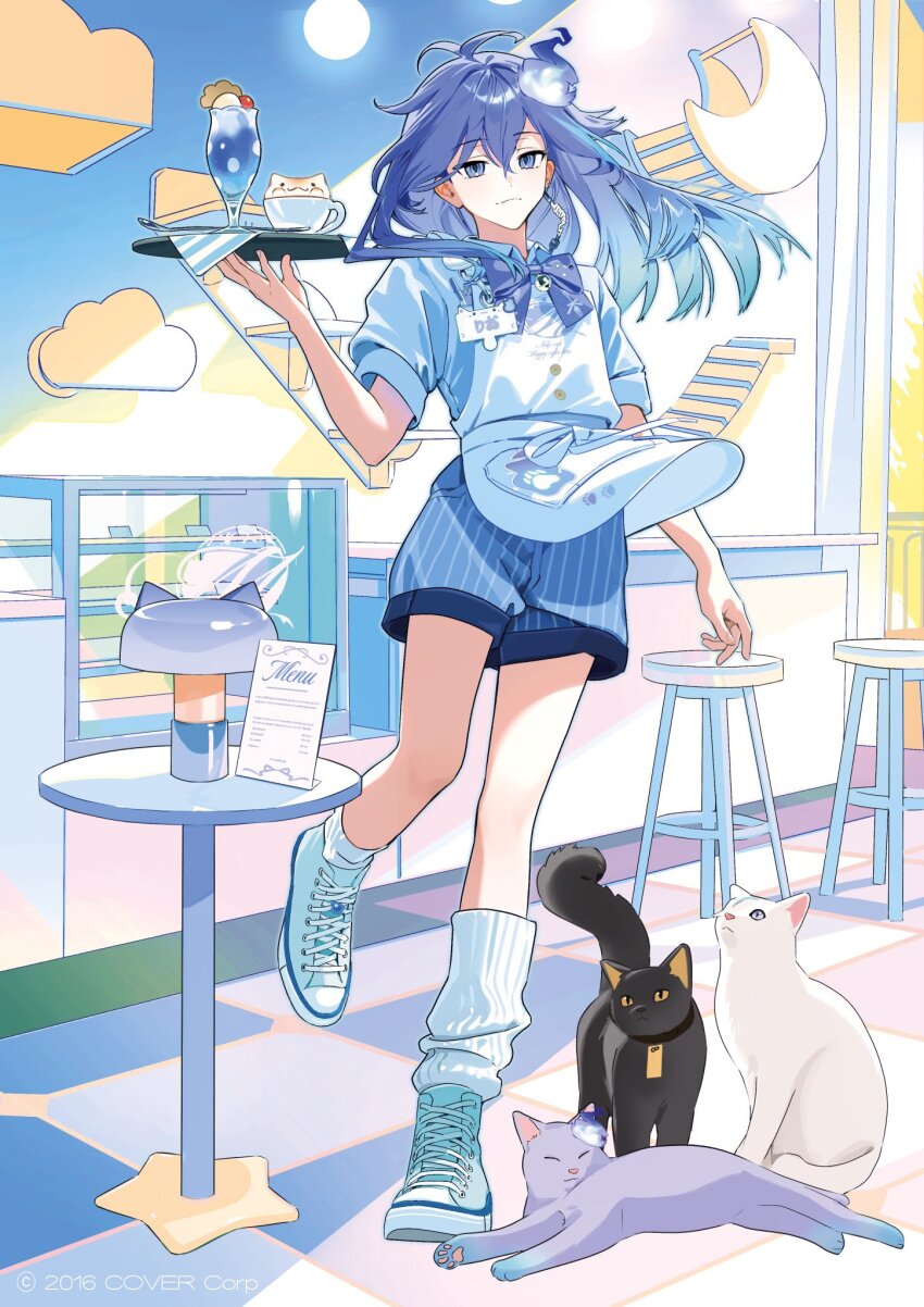 1boy :3 alternate_costume animalization antenna_hair apron aqua_shoes arm_at_side bell black_cat blue_hair blue_shirt blue_shorts bow bowtie breast_pocket cafe cat cat_cafe cat_tower ceiling_light checkered_floor closed_mouth copyright_notice counter earrings food full_body hair_between_eyes hand_up high_tops highres hitodama holding holding_tray holostars ice_cream ice_cream_float id_card indoors jewelry jingle_bell keki_chogyegi latte_art long_hair looking_at_viewer male_focus menu minase_rio multicolored_hair neck_bell official_art pen person_and_animalization peter_pan_collar pocket print_apron purple_bow purple_bowtie purple_cat purple_eyes purple_hair shirt shoes short_sleeves shorts single_earring smile sneakers socks solo spoon standing standing_on_one_leg stool streaked_hair striped_clothes striped_shorts table tray utsugi_uyu vertical-striped_clothes vertical-striped_shorts virtual_youtuber waiter white_apron white_cat white_socks yatogami_fuma