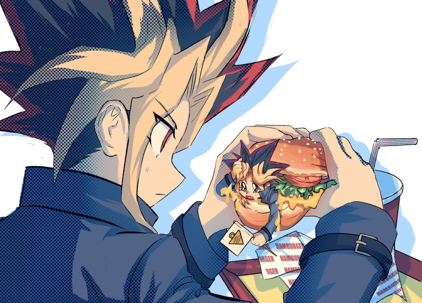 2boys black_hair blonde_hair burger commentary_request drink food highres holding holding_food in_food jacket male_focus millennium_puzzle multicolored_hair multiple_boys muto_yugi red_eyes red_hair simple_background spot_dian sweatdrop upper_body white_background yami_yugi yu-gi-oh! yu-gi-oh!_duel_monsters