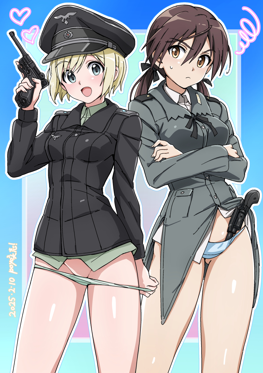 2girls absurdres black_jacket blonde_hair breasts brown_eyes brown_hair dated erica_hartmann gertrud_barkhorn green_jacket gun handgun hat heart highres holding holding_gun holding_weapon insignia jacket long_hair looking_at_viewer luger_p08 medium_breasts military military_hat military_uniform multiple_girls no_pants open_mouth panties panty_pull poyopoyotaishi short_hair standing strike_witches trigger_discipline twintails underwear weapon white_panties world_witches_series