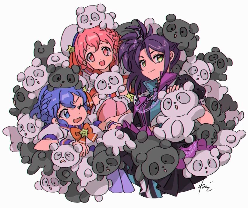 1boy 2girls :d blue_eyes blue_hair braid brother_and_sister buried closed_mouth commentary dorothy_west hat idol_clothes knees_up long_hair looking_at_viewer mole mole_under_eye multiple_girls one_eye_closed open_mouth pink_eyes pink_hair pretty_series pripara puffy_short_sleeves puffy_sleeves purple_hair reona_west rituyama1 sailor_hat shirt short_hair short_sleeves siblings side_braid side_ponytail sitting smile stuffed_animal stuffed_toy symbol-only_commentary teddy_bear too_many toudou_shion trap twins white_background white_hat white_shirt yellow_eyes