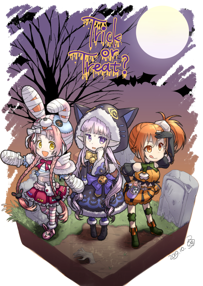 3girls akidukiwataru animal_hood bandages braid cat_hood halloween highres hood kyoka_(halloween)_(princess_connect!) kyoka_(princess_connect!) long_hair mimi_(halloween)_(princess_connect!) mimi_(princess_connect!) misogi_(halloween)_(princess_connect!) misogi_(princess_connect!) multiple_girls mummy_costume orange_eyes orange_hair pink_hair princess_connect! pumpkin_costume purple_eyes purple_hair rabbit_hood side_ponytail twin_braids yellow_eyes