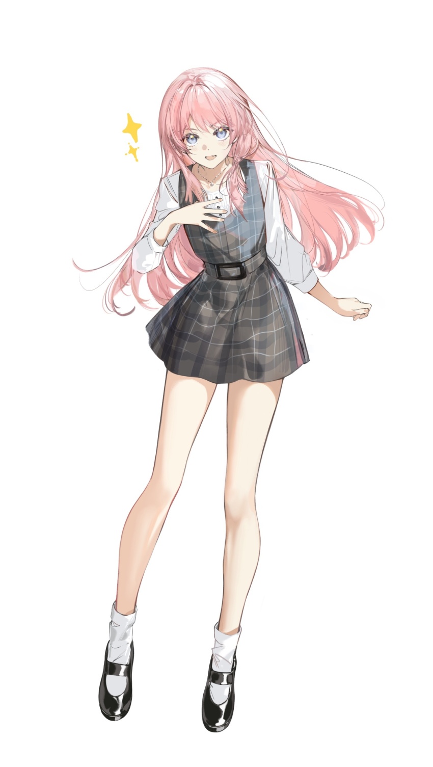 1girl absurdres arlizi bang_dream! bang_dream!_it&#039;s_mygo!!!!! black_shoes blue_eyes chihaya_anon dress fang full_body grey_dress hand_on_own_chest hand_up highres jewelry light_blush long_hair looking_at_viewer necklace open_mouth pinafore_dress pink_hair plaid_clothes plaid_dress shirt shoes short_dress simple_background skin_fang sleeveless sleeveless_dress socks solo sparkle standing three-quarter_sleeves white_background white_shirt white_socks
