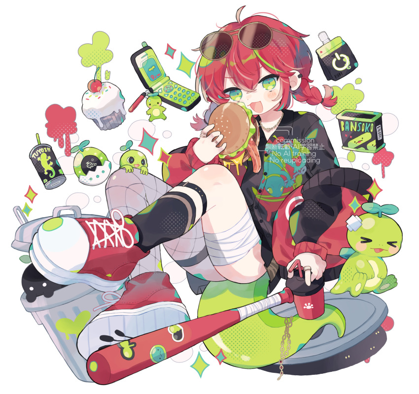 1boy absurdres ahoge ass asymmetrical_legwear bandaged_leg bandages black_shirt black_socks braid brown-tinted_eyewear burger cellphone commission cotono_(nazekun) cup cupcake dinosaur disposable_cup eyewear_on_head fishnet_thighhighs fishnets food green_eyes highres holding holding_baton holding_burger holding_food indie_virtual_youtuber jacket jewelry letterman_jacket looking_at_viewer male_focus manhole mismatched_legwear multiple_rings necklace off_shoulder open_mouth phone red_hair red_jacket red_shoes ring shirt shoes sidelocks simple_background single_thighhigh skeb_commission smile sneakers socks solo sparkle sunglasses thigh_strap thighhighs tinted_eyewear trash_can twin_braids virtual_pet_(toy) virtual_youtuber watermark white_background yamori_8cm