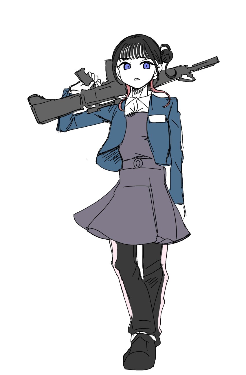 1girl absurdres animification black_shoes blue_jacket blunt_bangs breast_pocket collared_shirt commentary_request conodon2 d: dress dress_shirt full_body grey_dress gun hair_bun highres holding holding_gun holding_weapon jacket long_sleeves love_live! love_live!_superstar!! multicolored_hair open_clothes open_collar open_jacket open_mouth over_shoulder pants pants_under_dress pinafore_dress pocket purple_eyes real_life red_hair rifle school_uniform shirt shoes short_dress short_hair_with_long_locks sidelocks simple_background single_side_bun sleeveless sleeveless_dress solo streaked_hair track_pants voice_actor weapon weapon_over_shoulder white_background white_shirt winter_uniform yabushima_akane yuigaoka_school_uniform