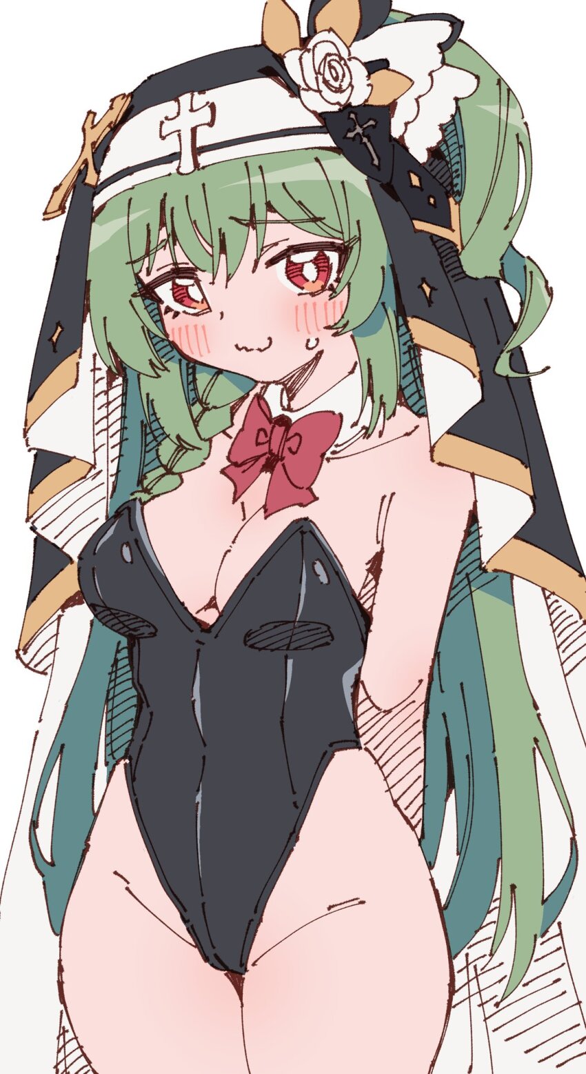 1girl alternate_costume arms_behind_back black_leotard blush borrowed_character bow bowtie braid breasts bright_pupils cleavage closed_mouth cowboy_shot detached_collar flower green_hair groin highleg highleg_leotard highres huanxiang_koudai_meow leotard long_hair looking_at_viewer medium_breasts nun original playboy_bunny raised_inner_eyebrows red_bow red_bowtie red_eyes rune_(dualhart) second-party_source shy simple_background sketch smile solo strapless strapless_leotard sweatdrop veil very_long_hair wavy_mouth white_background white_flower white_pupils