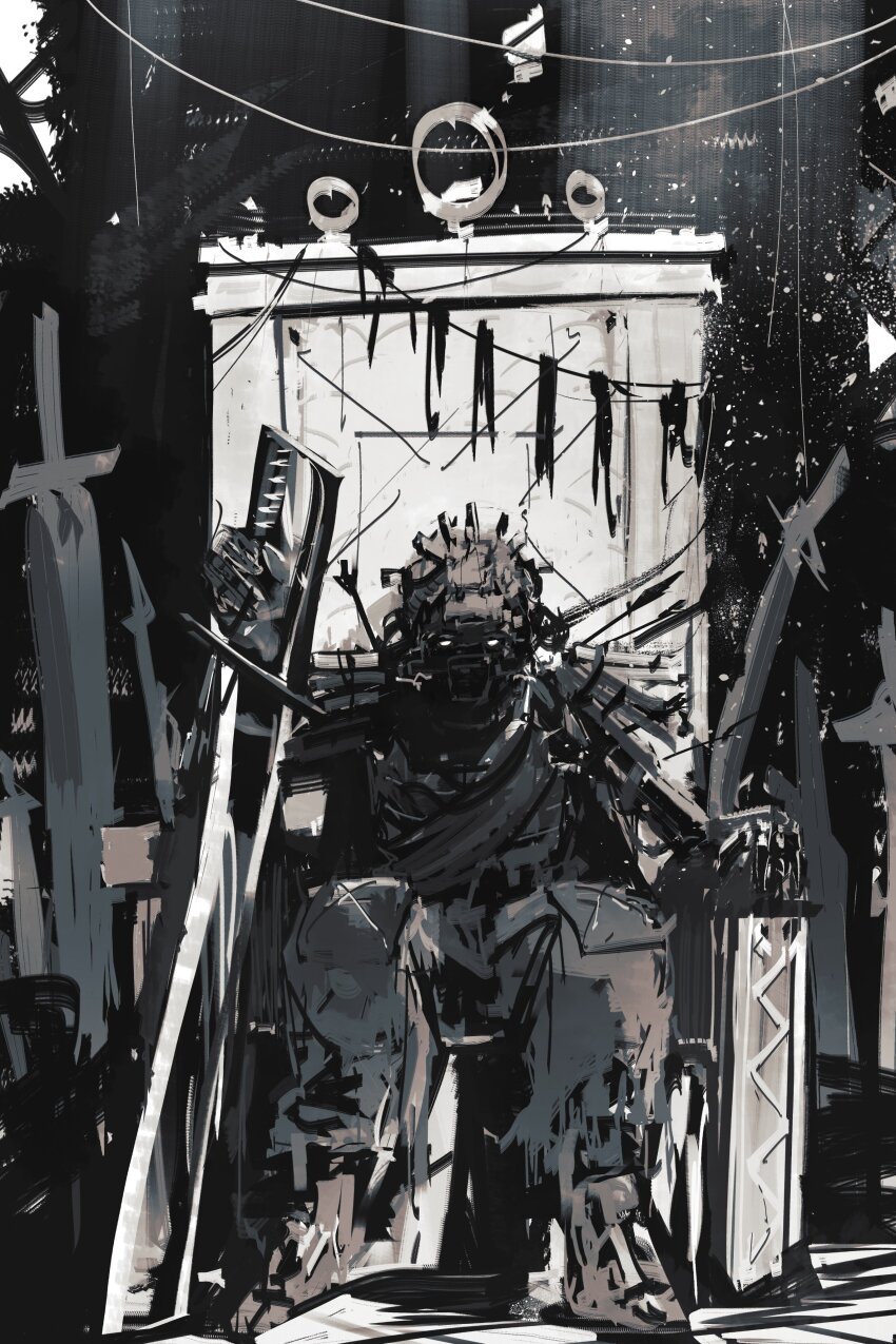 1other absurdres full_body glowing glowing_eyes greyscale hand_on_hilt highres kenshi mad_cat-lon monochrome notfuji robot ruins sitting sitting_on_throne solo torn_clothes