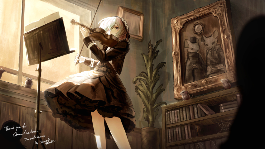 1girl absurdres black_dress black_headscarf book bookshelf bow_(music) closed_mouth commentary_request commission dress feet_out_of_frame from_below green_hair hair_between_eyes headscarf highres holding holding_instrument holding_violin indoors instrument long_sleeves looking_at_viewer mouse_(animal) music music_stand original picture_frame plant playing_instrument portrait_(object) potted_plant purple_eyes scenery senakira sheet_music silk skeb_commission solo spider_web standing thank_you violin window