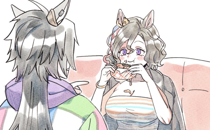 2girls air_shakur_(umamusume) animal_ears black_hair blush bow bracelet breasts cleavage eating food food_on_body holding holding_food horse_ears jacket jacket_on_shoulders jewelry large_breasts long_hair multiple_girls pointing purple_eyes shirt short_hair smile strapless strapless_shirt tap_dance_city_(umamusume) uma_ozisan umamusume upper_body