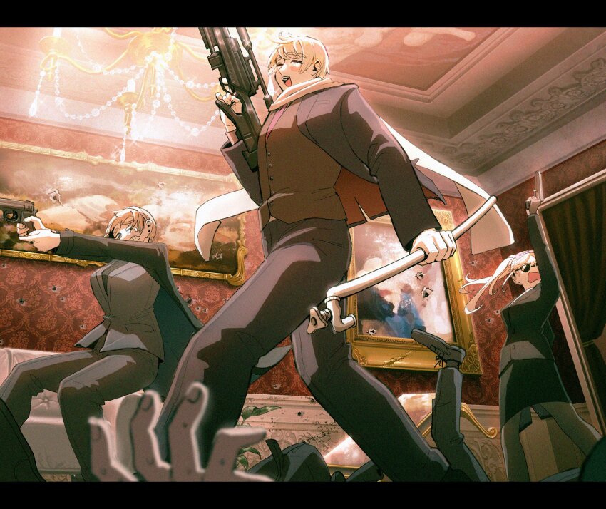 1boy 2girls 3others arm_up axis_powers_hetalia belarus_(hetalia) black_border black_jacket black_pants black_shoes black_skirt black_socks blonde_hair blush border brother_and_sister brown_vest buttons chandelier closed_eyes commentary_request curtains fingernails firing floating_hair formal_clothes grey_pants grey_pantyhose grey_vest gun hairband hand_up handgun high_ponytail highres holding holding_gun holding_lead_pipe holding_weapon indoors jacket lapels lead_pipe long_hair long_sleeves looking_to_the_side multiple_girls multiple_others necktie one_eye_closed open_clothes open_jacket open_mouth pants pantyhose pcpc_onaka picture_frame pink_necktie ponytail russia_(hetalia) scarf shoes short_hair siblings sisters skirt smile socks standing suit suit_jacket sunglasses teeth ukraine_(hetalia) vest weapon white_hair white_hairband white_scarf window