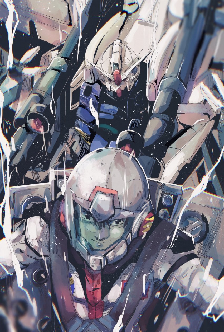 1boy black_eyes black_hair dendrobium_schema gundam gundam_0083 gundam_gp-03_stamen hair_between_eyes helmet highres kare_(0621utak) kou_uraki looking_at_viewer male_focus mecha mecha_pilot_suit mobile_suit normal_suit_(gundam) pilot_suit robot science_fiction smile smoke v-fin