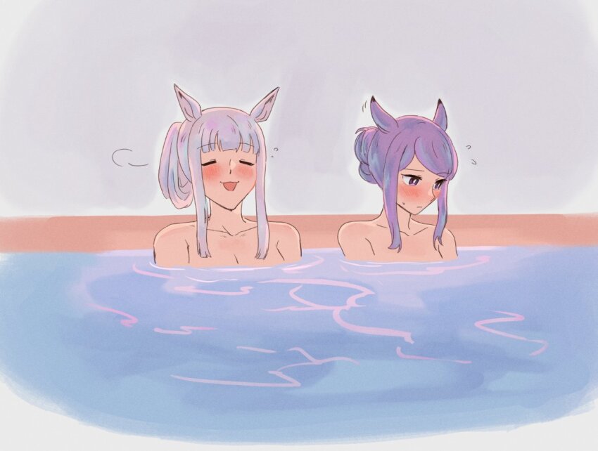 2girls :d =_= animal_ears bath bathing blunt_bangs blush breasts cleavage closed_eyes closed_mouth collarbone commentary completely_nude embarrassed english_commentary flying_sweatdrops gold_ship_(umamusume) grey_hair hair_bun horse_ears horse_girl kaiyamon large_breasts long_hair looking_down looking_to_the_side mejiro_mcqueen_(umamusume) multiple_girls nude open_mouth partially_submerged puff_of_air purple_eyes purple_hair same-sex_bathing shared_bathing sidelocks smile squeans umamusume upper_body water