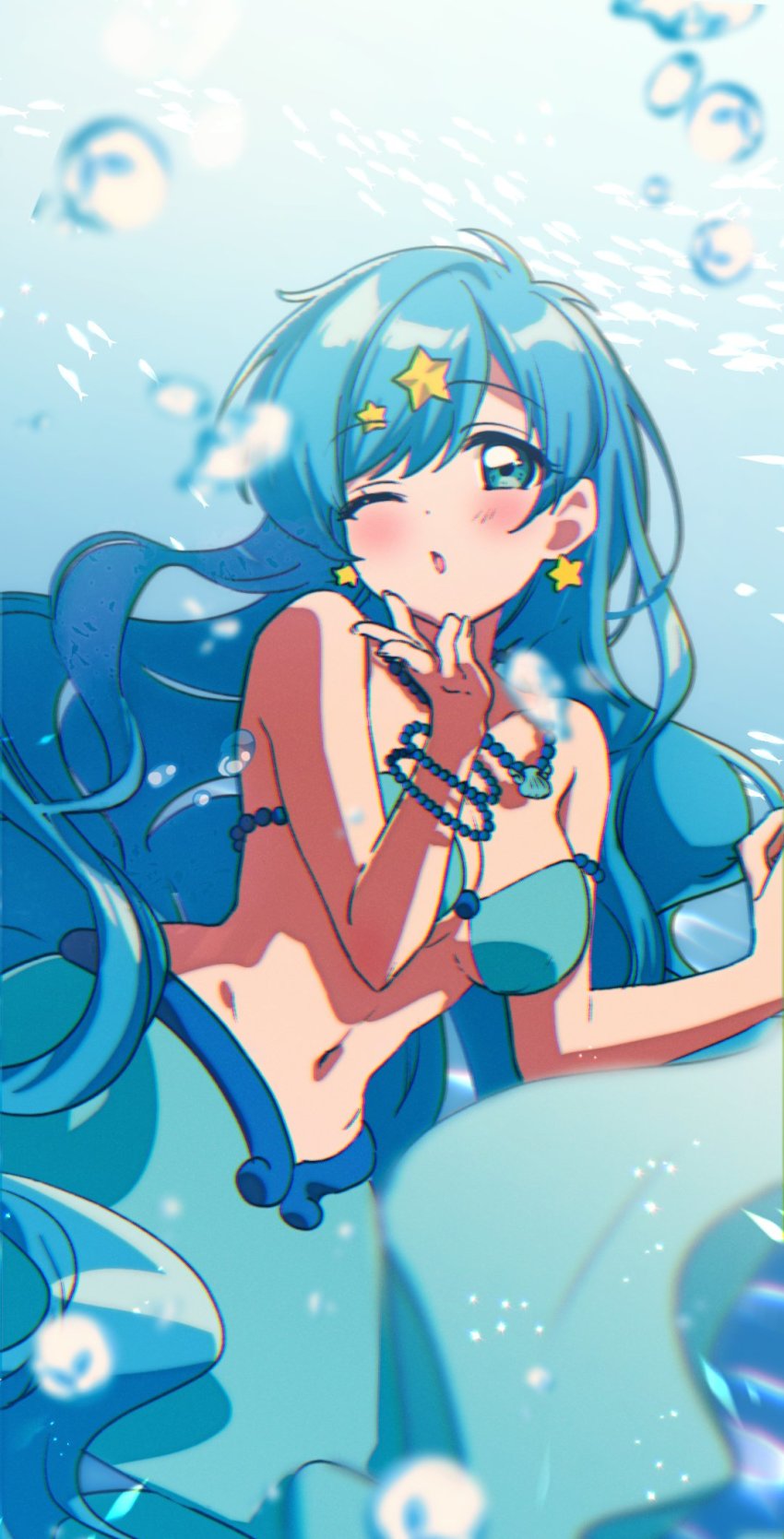 1girl blowing_kiss blue_background blue_eyes blue_hair blush bracelet breasts commentary_request earrings fins fish_tail hair_ornament highres houshou_hanon houshou_hanon_(mermaid) in_water jewelry mermaid mermaid_melody_pichi_pichi_pitch monster_girl necklace ocean one_eye_closed pearl_bracelet pearl_necklace shell solo star_(symbol) star_earrings star_hair_ornament tail underwater yumesaki_nana