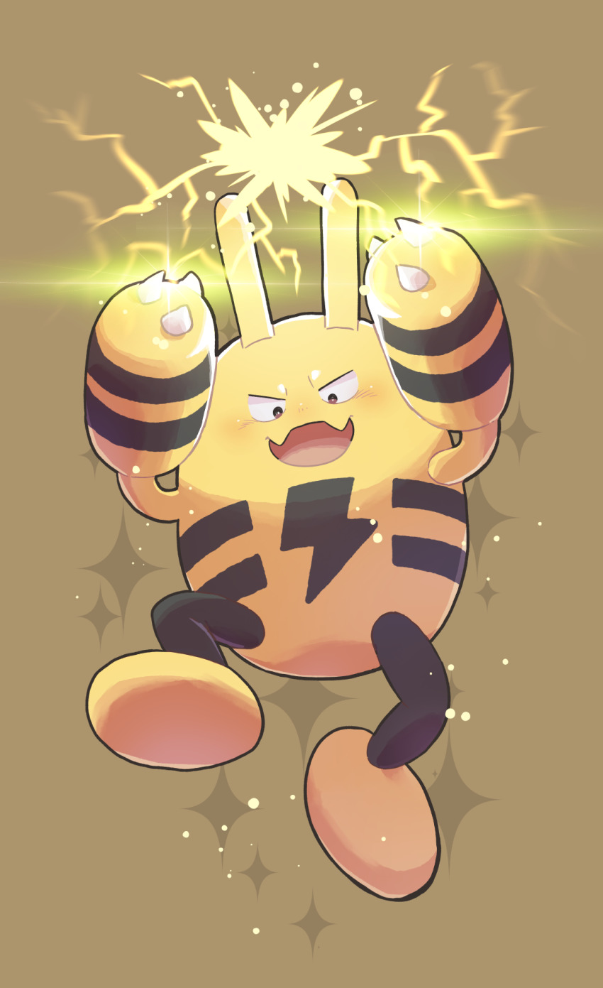 blush brown_background brown_eyes claws commentary_request electricity elekid fang full_body gen_2_pokemon highres looking_down nintendo no_humans open_mouth pokemon pokemon_(creature) pokemon_focus simple_background skin_fang solo sparkle tongue yunosuke