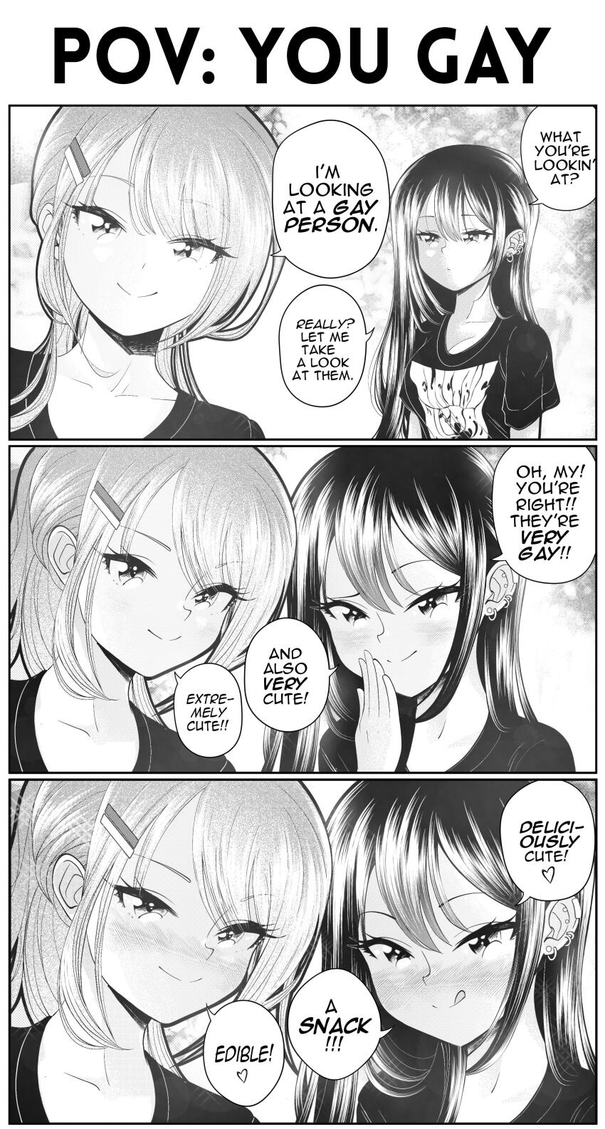 2girls 3koma absurdres band_shirt blush closed_mouth clothes_writing collarbone comic commentary dot_mouth double-parted_bangs ear_piercing earrings electric_wizard_(band) english_commentary english_text greyscale grs- hair_ornament hairclip hand_to_own_mouth highres jewelry long_hair looking_at_viewer meme merchandise monochrome multiple_earrings multiple_girls multiple_piercings nose_blush original piercing raised_eyebrow right-to-left_comic shirt short_sleeves sharon_(grs-) sidelocks smile straight-on swept_bangs t-shirt talia_(grs-) tongue tongue_out tsurime yuri