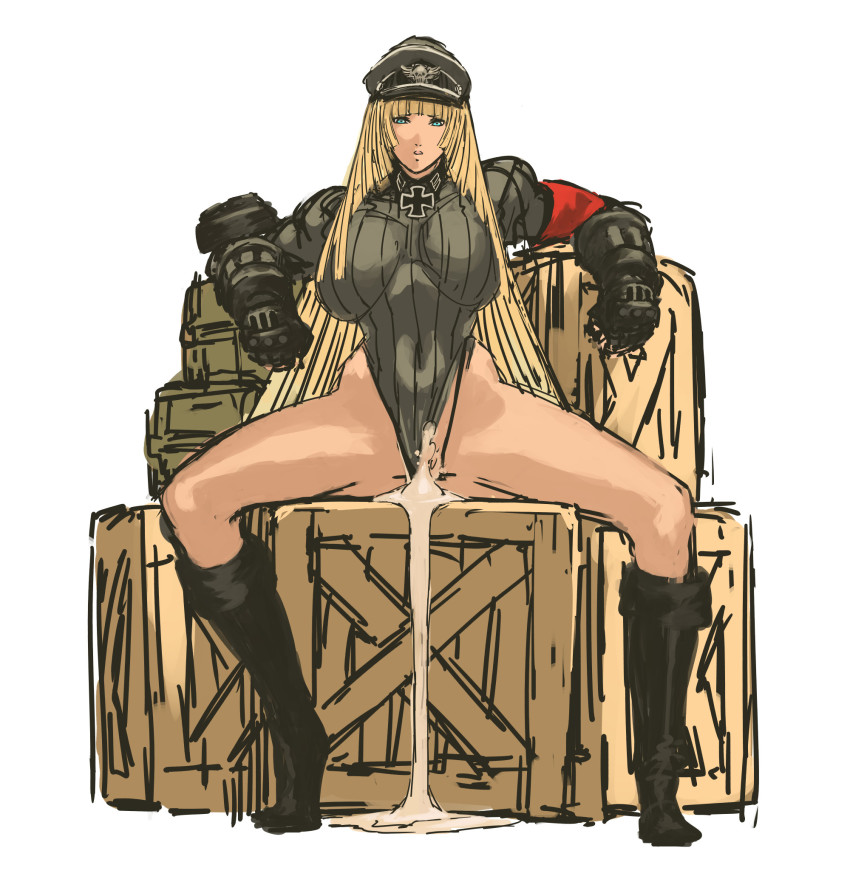 1girl after_vaginal aftersex armband bad_anatomy black_gloves blonde_hair blue_eyes boots breasts breasts_apart clothing_aside crate cross cum cum_in_pussy cum_pool cumdrip female_focus full_body gloves hat highleg highleg_leotard highres huge_breasts iron_cross knee_boots leotard leotard_aside long_hair military military_uniform nameo_(judgemasterkou) nazi no_panties ojou_(nameo) original peaked_cap poorly_drawn solo spread_legs very_long_hair