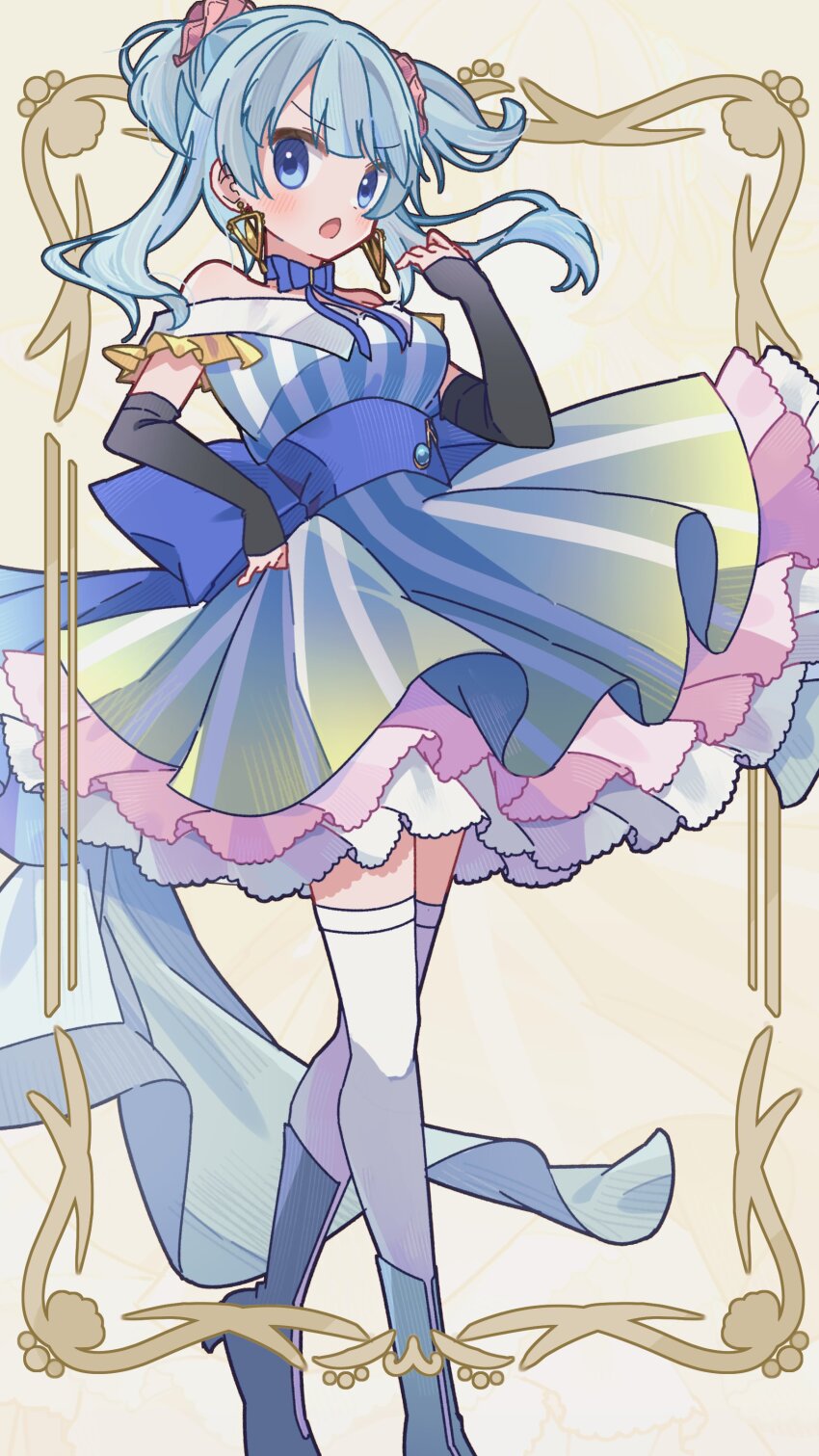 absurdres blue_eyes blue_hair blush boots breasts elbow_gloves gloves hair_ornament highres magia_record:_mahou_shoujo_madoka_magica_gaiden magical_girl mahou_shoujo_madoka_magica minami_rena open_mouth ruru_(rurumagi) short_hair thighhighs white_thighhighs