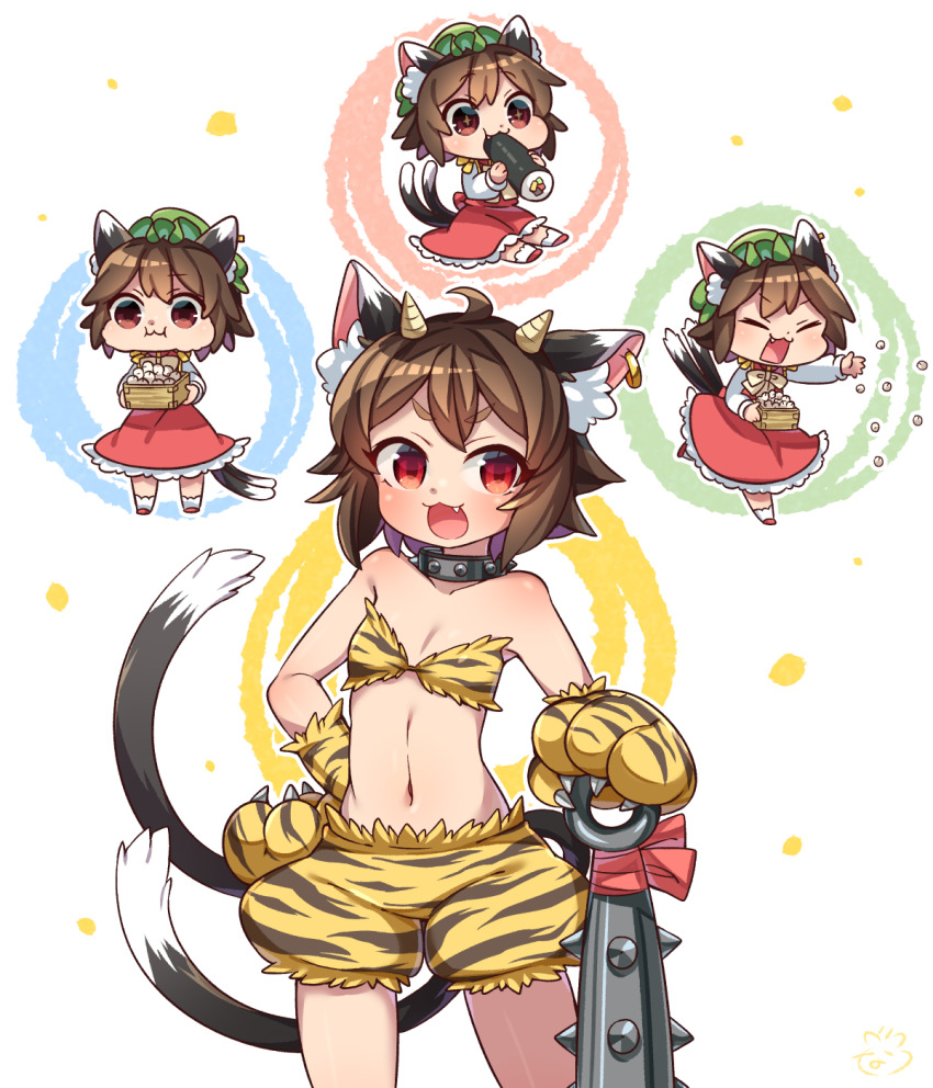 1girl :3 ahoge alternate_costume animal_ear_fluff animal_ears animal_hands animal_print beans bikini bikini_top_only brown_hair cat_ears cat_tail chen club club_(weapon) collar commentary_request cowboy_shot earrings eating ehoumaki fang food gloves highres horns ibaraki_natou jewelry kanabou long_sleeves looking_at_viewer makizushi mamemaki masu multiple_tails multiple_views navel oni_costume oni_horns open_mouth paw_gloves red_eyes red_skirt red_vest setsubun shirt short_hair shorts simple_background single_earring skirt spiked_club spiked_collar spikes standing sushi swimsuit tail thick_eyebrows tiger_print tiger_stripes touhou vest weapon white_background white_shirt yellow_shorts