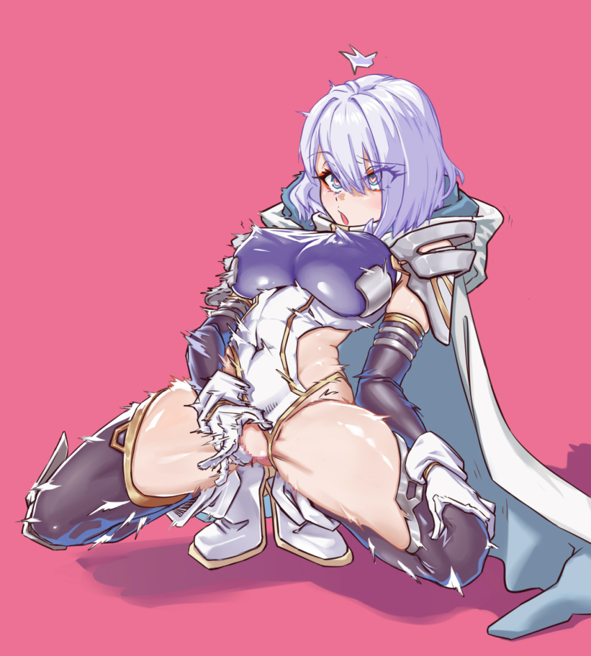 1girl aqua_cape aqua_pupils armor blue_eyes blue_hair bodysuit breasts cape ccarrot censored clothing_aside clothing_cutout collared_leotard commentary_request covered_erect_nipples covered_navel crotch_rub detached_sleeves dreizehn_(shadowverse) female_masturbation fingering gloves hair_between_eyes heart heart-shaped_pupils highres hood hooded_cape large_breasts leotard leotard_aside masturbation medium_hair open_mouth pussy shadowverse shadowverse:_worlds_beyond short_hair shoulder_armor side_cutout simple_background solo spread_legs symbol-shaped_pupils thighs two-sided_cape two-sided_fabric white_bodysuit white_gloves white_unitard