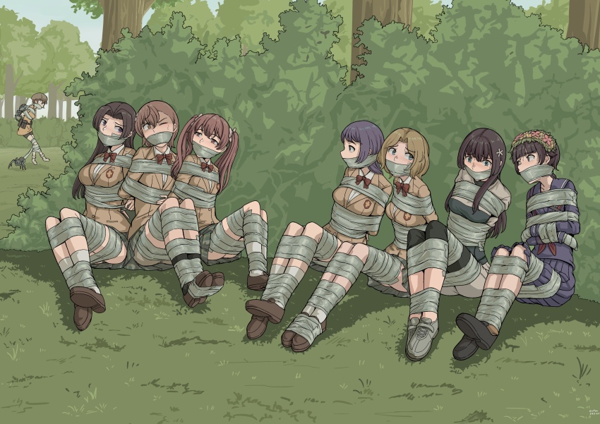 6+girls absurdres arms_behind_back bdsm bondage bound female_focus gag gagged grafhou highres improvised_gag misaka_mikoto multiple_girls school_uniform struggling tape tape_bondage tape_gag taped_arms toaru_kagaku_no_railgun toaru_majutsu_no_index