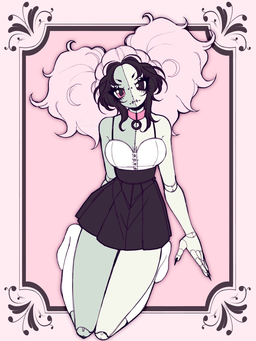 absurdres angelbite_(piercing) black_hair black_skirt breasts bridge_piercing choker cleavage colored_skin dahlia_(piercing) doll_joints dreamalgia eyelashes fingernails fluffy_hair green_skin heterochromia high-waist_skirt highres joints kneehighs kneeling long_fingernails multicolored_hair original piercing pink_hair skirt socks split-color_skin tsurime twintails two-tone_hair