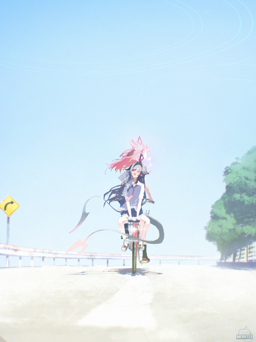 2girls :3 absurdres alternate_costume bicycle black_hair blue_archive demon_girl demon_horns demon_tail fang halo highres horns kasumi_(blue_archive) megu_(blue_archive) multiple_girls necktie norio_(norio386) open_mouth outdoors red_hair red_halo red_necktie riding riding_bicycle shirt tail white_halo white_shirt wide_shot yellow_eyes