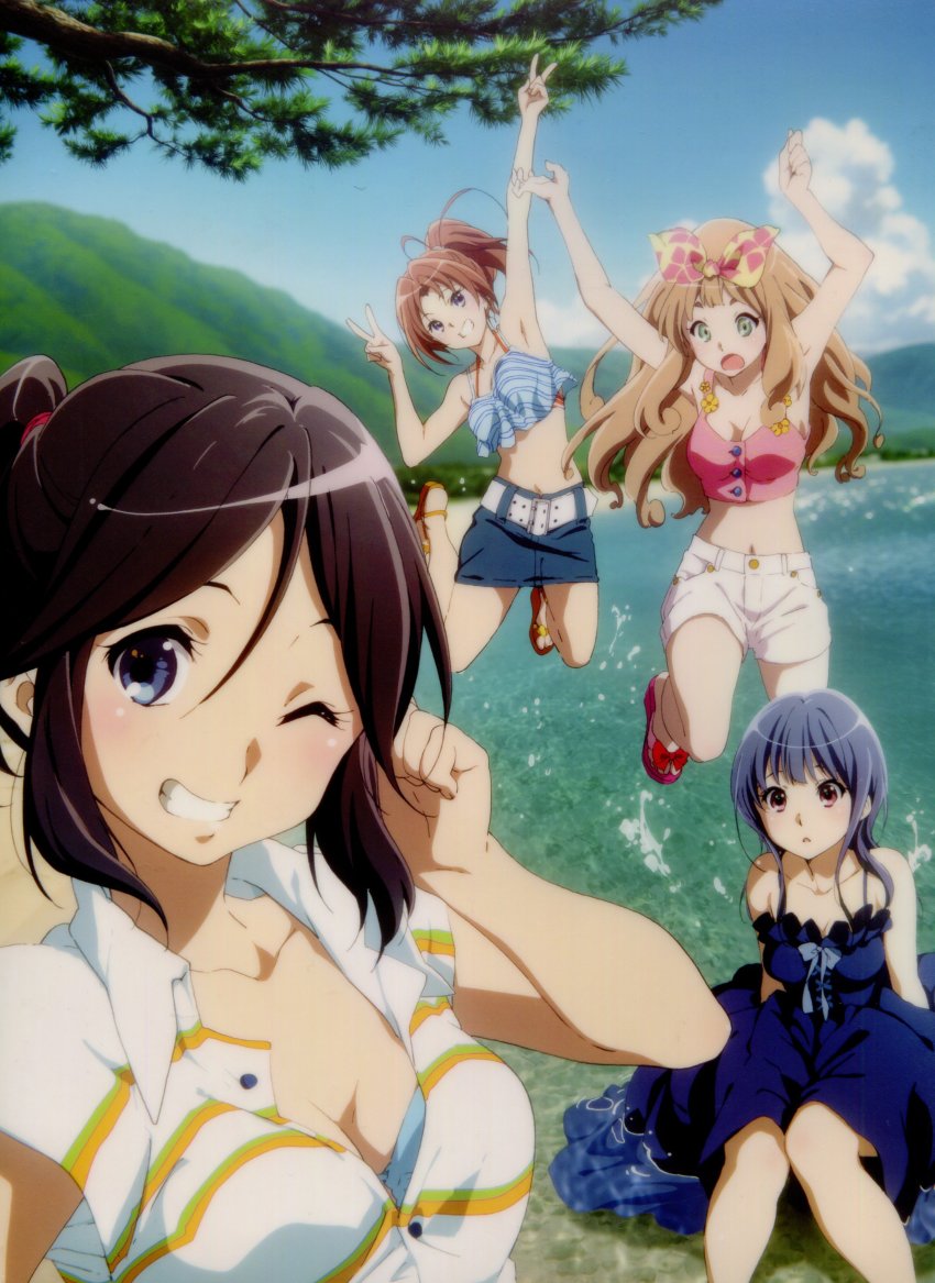 4girls :o absurdres arms_up bare_shoulders bikini black_hair blonde_hair blue_bikini blue_dress blue_eyes blue_hair blue_shorts blue_sky blush breasts brown_hair cleavage collarbone dress forest green_eyes hair_ribbon hand_up head_tilt hibike!_euphonium highres ikeda_shouko jumping kasaki_nozomi lake long_hair looking_at_viewer looking_down midriff mountain multiple_girls nakagawa_natsuki nature navel official_art one_eye_closed open_mouth outdoors parted_lips pine_tree pink_bikini pink_eyes pink_ribbon ponytail protected_link purple_eyes ribbon scan shirt short_sleeves shorts sitting sky sleeveless sleeveless_dress smile spaghetti_strap standing swimsuit tree v water white_shirt white_shorts yoroizuka_mizore yoshikawa_yuuko