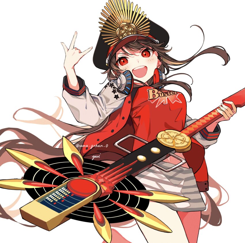1girl artist_name black_hair buster_shirt crest family_crest fate/grand_order fate_(series) guitar hat headphones headphones_around_neck highres holding holding_instrument instrument jacket koha-ace leg_up letterman_jacket long_hair m/ military_hat oda_nobunaga_(fate) oda_nobunaga_(swimsuit_berserker)_(fate) oda_nobunaga_(swimsuit_berserker)_(first_ascension)_(fate) oda_uri peaked_cap red_eyes simple_background skirt solo sparkling_eyes striped_clothes striped_skirt twitter_username white_background yui_(tamagohan)
