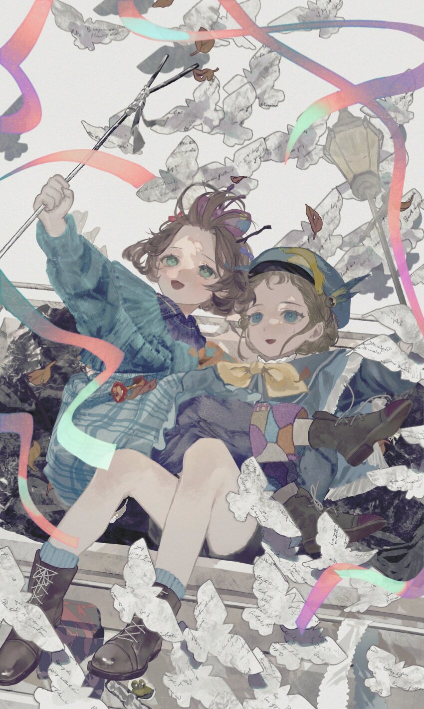 2girls :d ankle_boots bangs_blown_up beret bird blue_bow blue_dress blue_eyes blue_jacket blue_pants blue_scarf blue_shorts boots bow brown_boots brown_hair dress flutterpage full_body grey_background hair_bow hat highres holding holding_rod jacket kaitei~ lamplighter_(reverse:1999) lamppost looking_up multiple_girls multiple_hair_bows neckerchief open_mouth orange_scarf pants pants_under_dress purple_bow reverse:1999 rod scarf short_hair shorts simple_bird sitting sitting_on_person smile socks too_many too_many_birds two-tone_scarf yellow_neckerchief