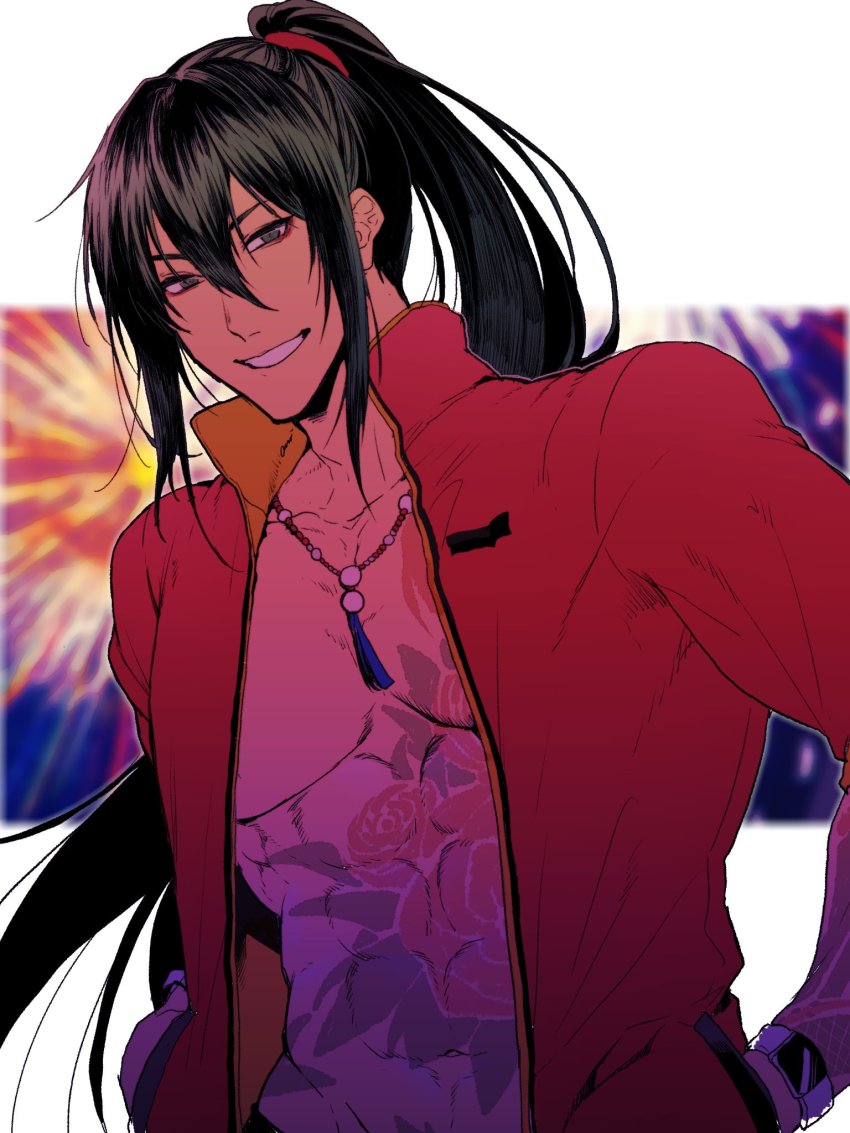 1boy a_nzi_end abs alternate_hairstyle black_hair chain chain_necklace commentary_request fate/grand_order fate_(series) fireworks flower_tattoo green_eyes hair_between_eyes hair_ribbon highres jacket jewelry long_hair long_sleeves looking_at_viewer male_focus necklace official_alternate_costume pearl_necklace ponytail red_jacket red_ribbon ribbon smile solo tattoo teeth toned toned_male upper_body very_long_hair yan_qing_(fate) yan_qing_(training_wear)_(fate)