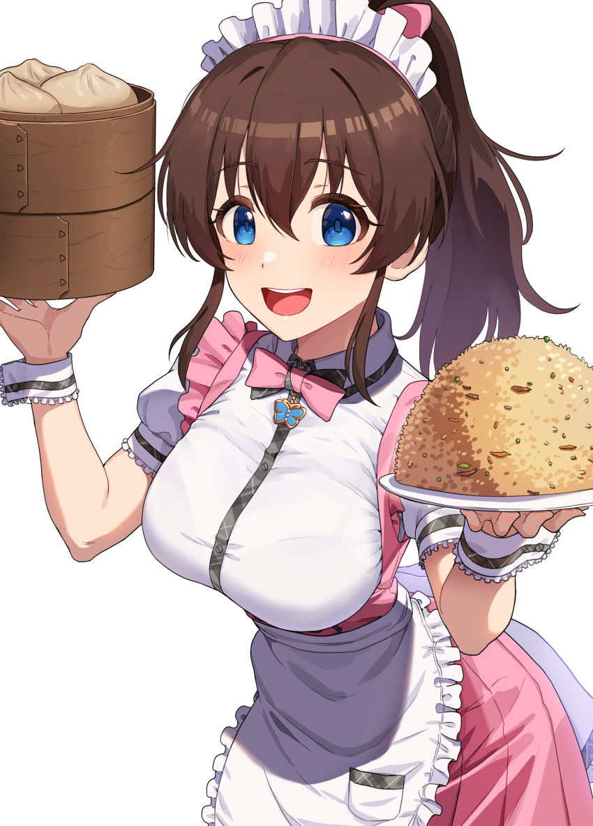apron bamboo_steamer blue_eyes blush bow bowtie breasts brown_hair commentary_request frilled_apron frills highres holding holding_tray idolmaster idolmaster_million_live! kamille_(vcx68) large_breasts long_hair looking_at_viewer maid_apron maid_headdress pink_bow pink_bowtie pink_skirt ponytail pretty_waitress_(idolmaster) satake_minako shirt simple_background skirt smile tray waist_apron white_apron white_background white_shirt wrist_cuffs
